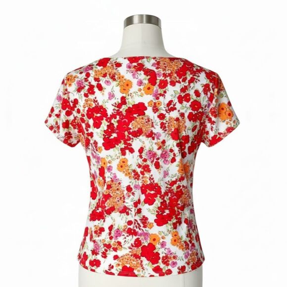 Chaus Red & Orange Floral Twist Knot Front Mod Poplin Blouse Top Sz M - Picture 5 of 12